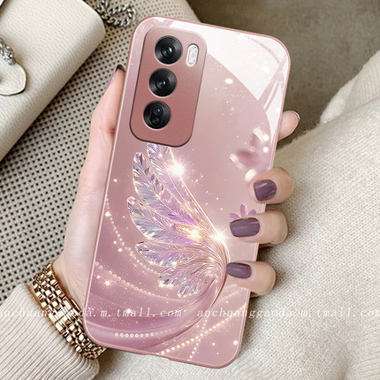 水晶飞羽适用opporeno14手机壳reno13pro女reno12新款reno11液态玻璃reno10/9/8全包防摔reno6保护套7se简约
