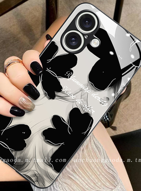 黑色水墨花适用苹果16手机壳iphone15promax女14新款13液态玻璃12保护套11防摔x/xs全包17高级感8plus简约
