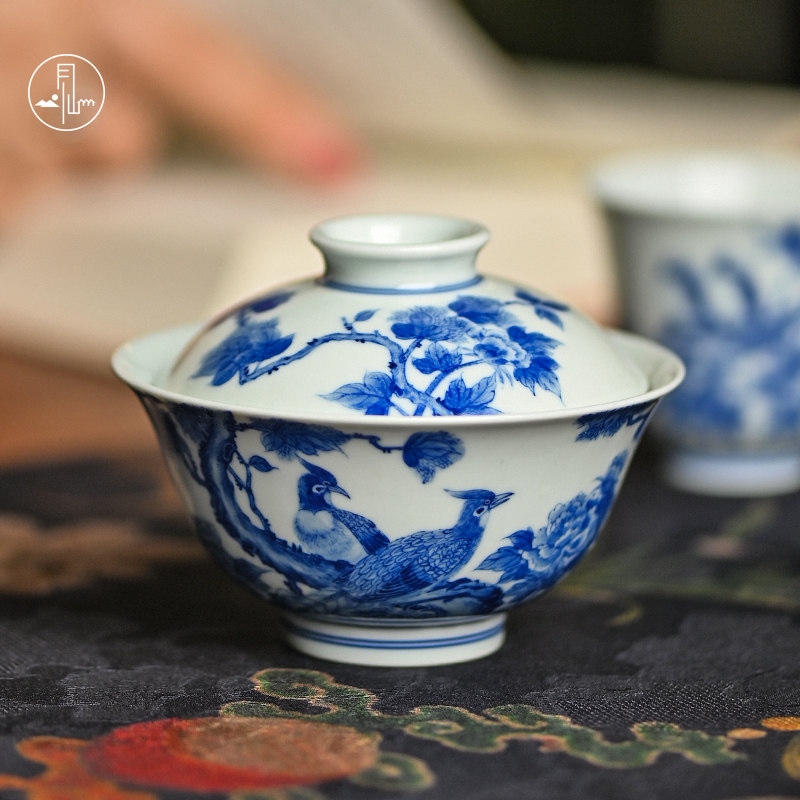 见山烧青花锦上添花二才盖碗不烫手花鸟泡茶碗景德镇高档家用陶瓷