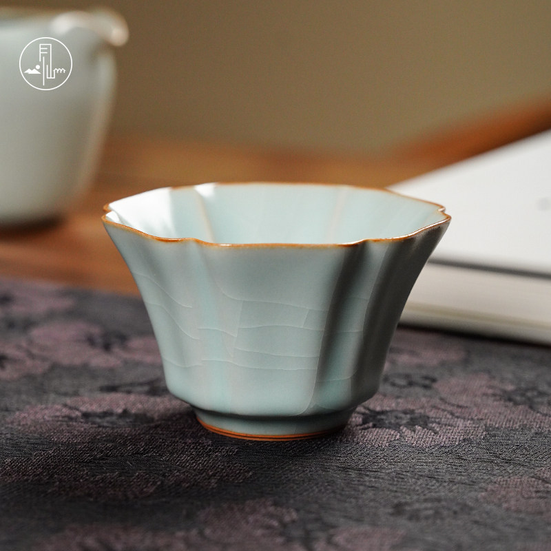 见山烧汝瓷天青蕉叶杯茶杯陶瓷复古主人杯手工汝窑原矿釉开片茶具