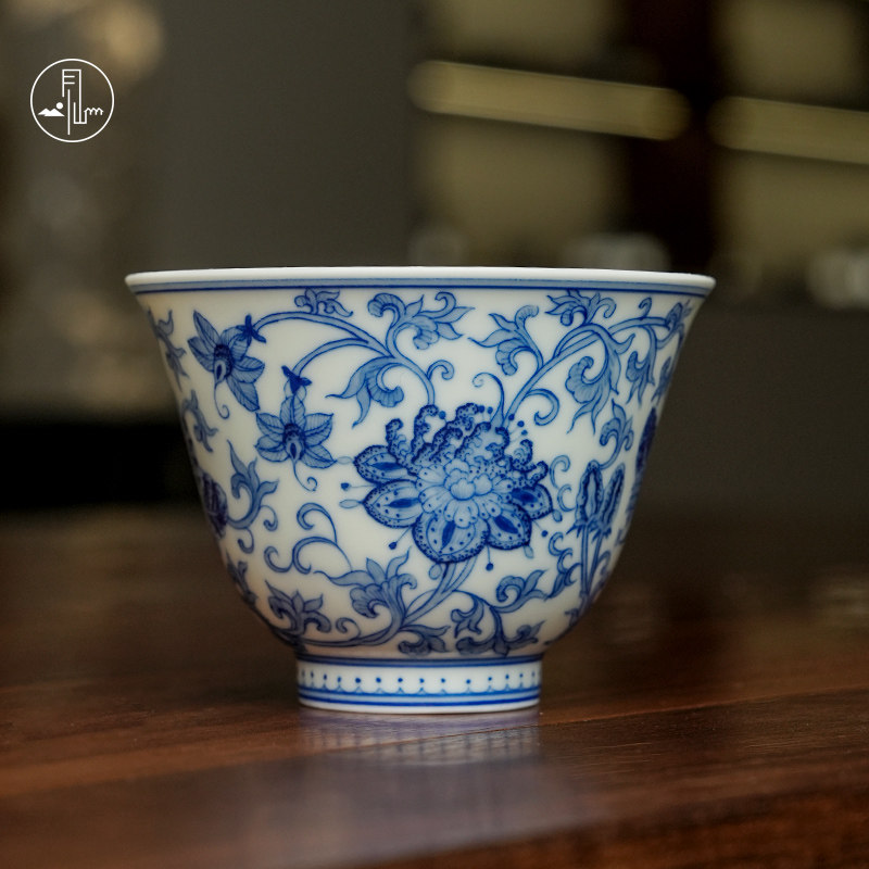 见山烧青花景德镇手工缠枝蝴蝶花主人杯单杯陶瓷品茗杯手绘个人杯