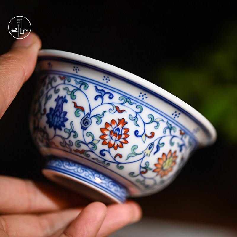 见山烧缠枝压手杯斗彩景德镇纯手绘缠枝莲主人杯喝茶单杯加厚陶瓷