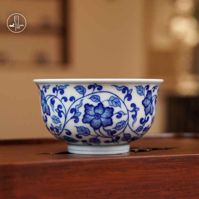 见山烧青花缠枝莲杯1号手绘青花瓷陶瓷主人杯景德镇茶具单杯复古