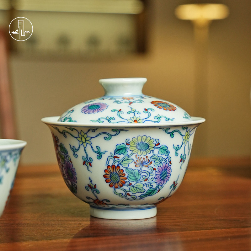 见山烧青花斗彩团菊两才盖碗景德镇陶瓷泡茶碗全手工复古茶碗茶杯