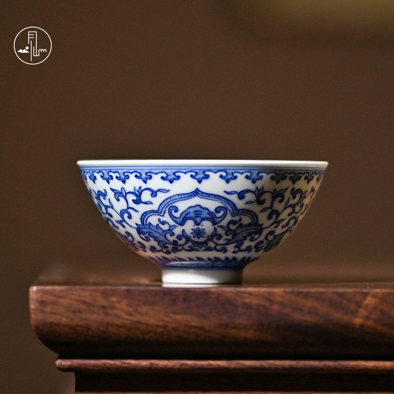 见山烧青花福寿缠枝杯景德镇主人杯品茗杯单杯子纯手工陶瓷喝茶杯