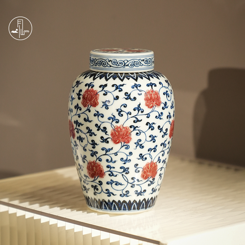 见山烧青花釉里红茶叶罐中式