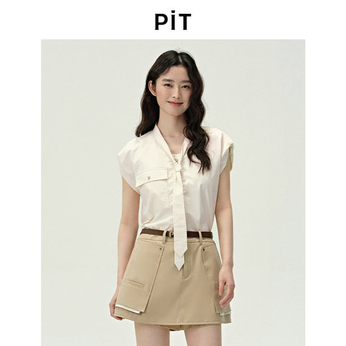PIT纯色领带无袖T恤背心衬衫女2025夏简约职业小飞袖内搭衬衣上衣
