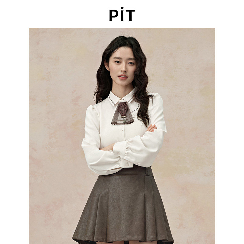 PIT法式米白领结长袖衬衫雪纺衫女2025秋职业内搭外套上衣 - pit女装品牌奥莱企业店出品