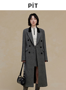 【昕怡粉丝专享】PIT复古灰色中长款100%绵羊毛大衣2025秋季新款