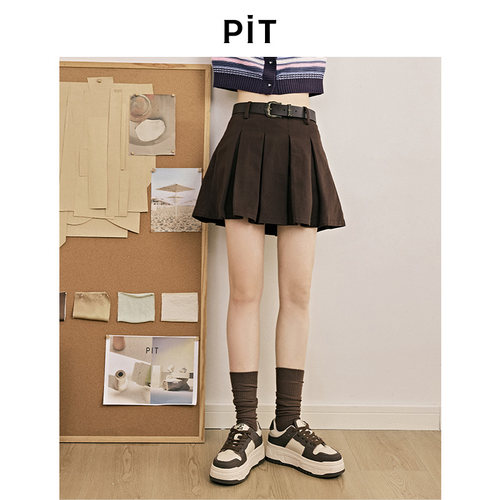 PIT纯棉A字百褶短裙半身裙女2025秋甜辣显瘦学院风附腰带jk裙