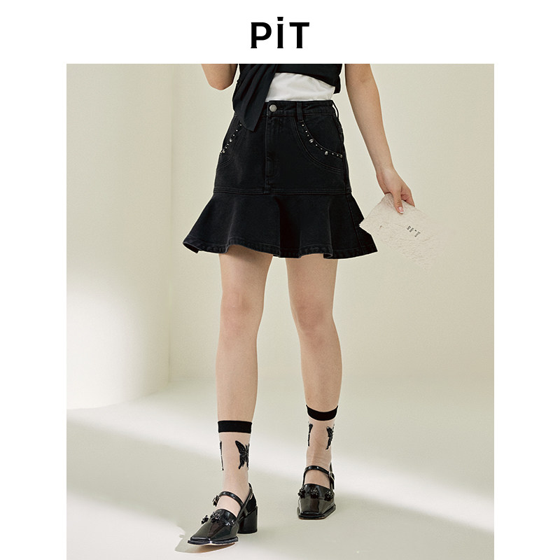 PIT高腰A字荷叶边牛仔短裙半身裙女2025夏薄款甜酷辣妹百褶包臀裙图片