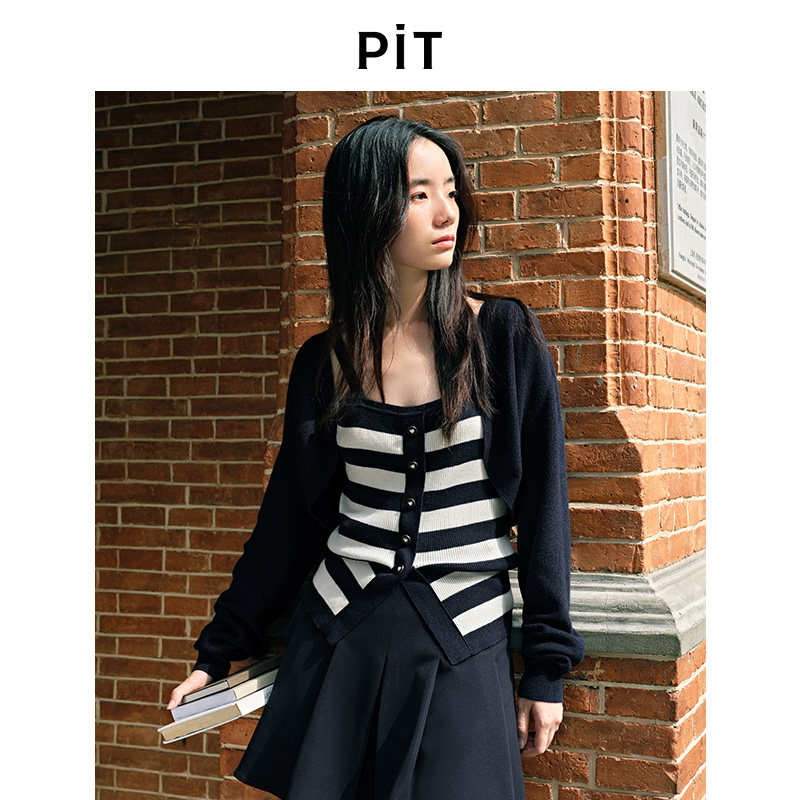 pit两件套条纹背心开衫针织衫女春季慵懒风套装上衣图片