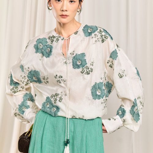 新中式绣花100%亚麻宽松长裤套装
