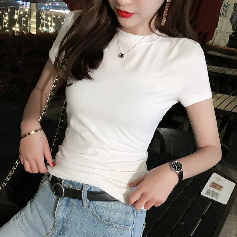 白色短袖T恤女夏新款打底衫辣妹女装内搭短款修身外贸圆领ins