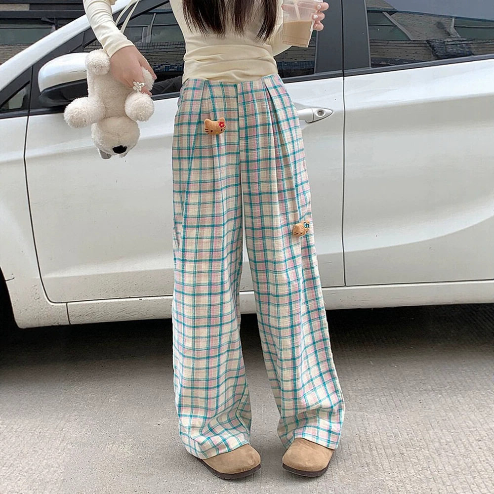 多巴胺穿搭公仔格子裤初中高中学生少女春秋季宽松直筒休闲阔腿裤