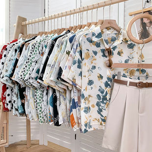 怀旧复古港风女装80年代服装90夏季短袖印花衬衫显瘦高级感花衬衫