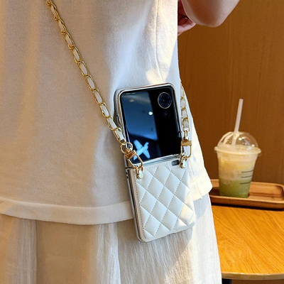 适用摩托罗拉razr60ultra手机壳网红简约电镀菱格小香风皮纹motorazr60折叠屏全包Razr60Pro斜挎链条