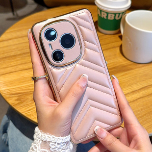 适用荣耀Power手机壳全包防摔潮牌时尚荣耀Power保护套简约皮质高级感荣耀power新款粉色皮革V纹电镀金色