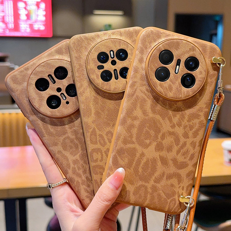 适用华为Mate70Air手机壳全包豹纹华为Mate70Air保护套新款白色支架高级感刺绣猫保护壳斜挎挂绳女款