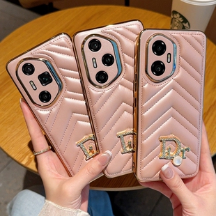 适用于荣耀300手机壳网红潮牌新款皮革V纹荣耀300pro保护套轻奢粉色荣耀300Ultra镶钻DR电镀金色边