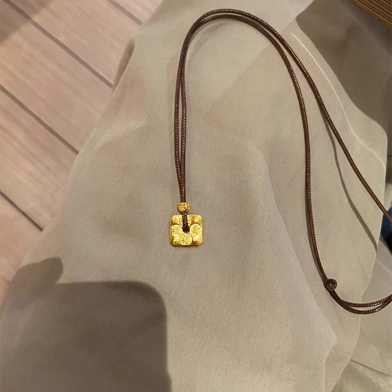 S925纯银新中式金色刻字小方块项链古法新中式平安扣复古百搭首饰