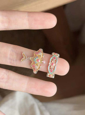 新中式珐琅纸鸢花纹戒指女纯银镂空滴釉开口戒宫廷风复古食指戒