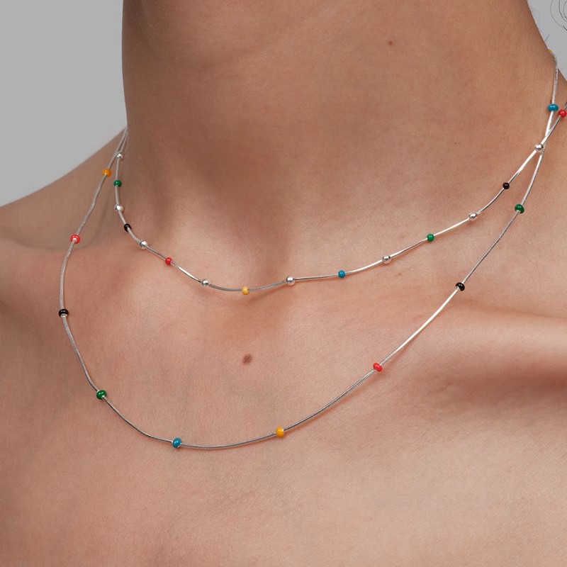 S925纯银彩虹豆珐琅小球串珠蛇骨链女2025新款爆款轻奢高级感项链