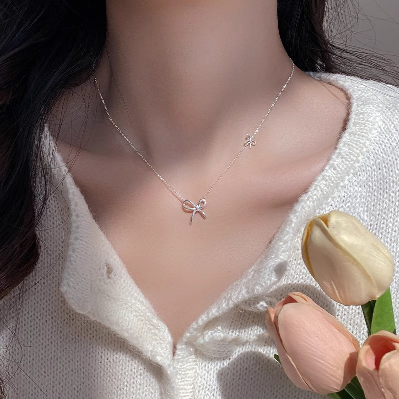 S925纯银蝴蝶结项链女轻奢高级感韩式简约百搭甜美时尚设计锁骨链