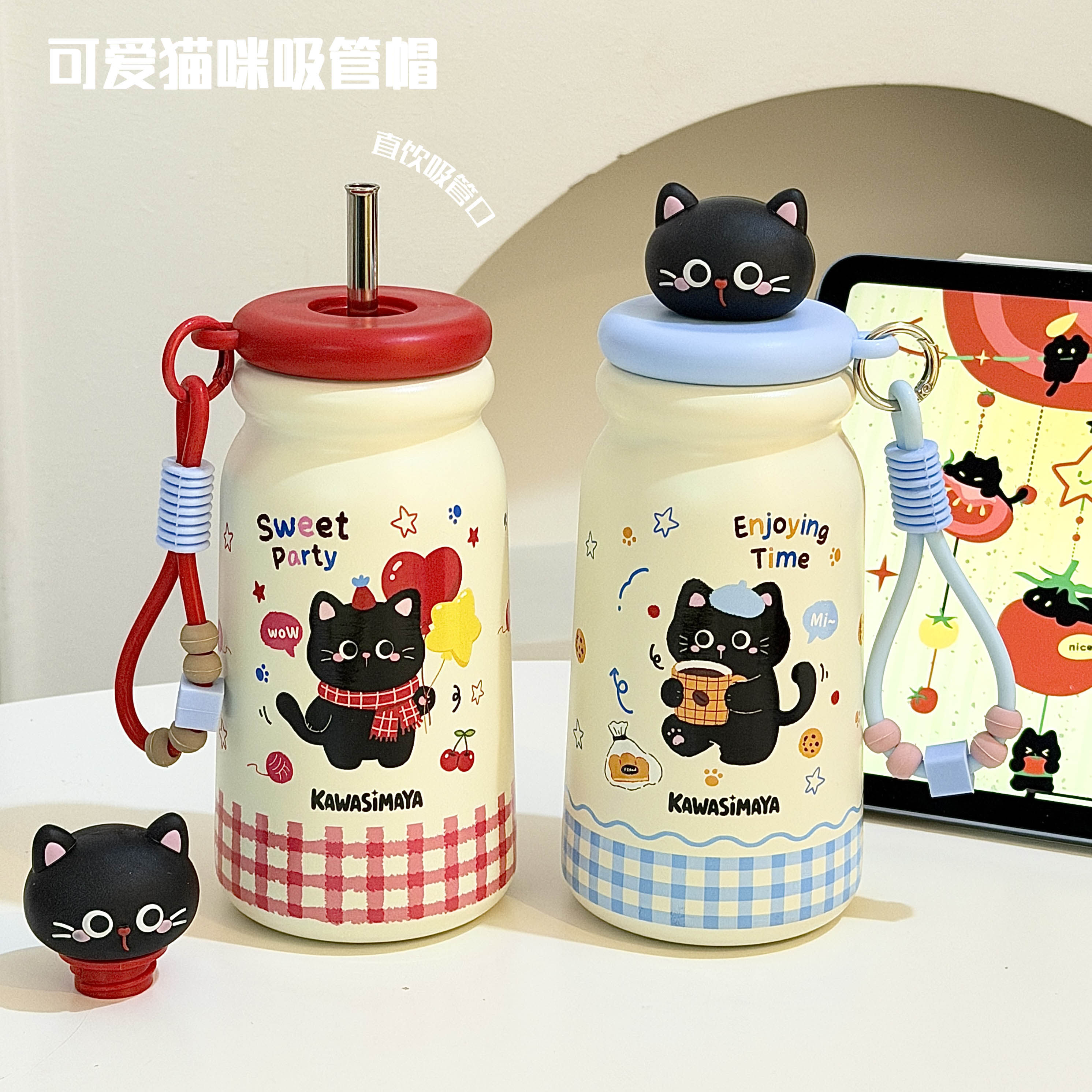 可爱小猫保温杯2026新款便携学生316不锈钢吸管杯女生随行咖啡杯