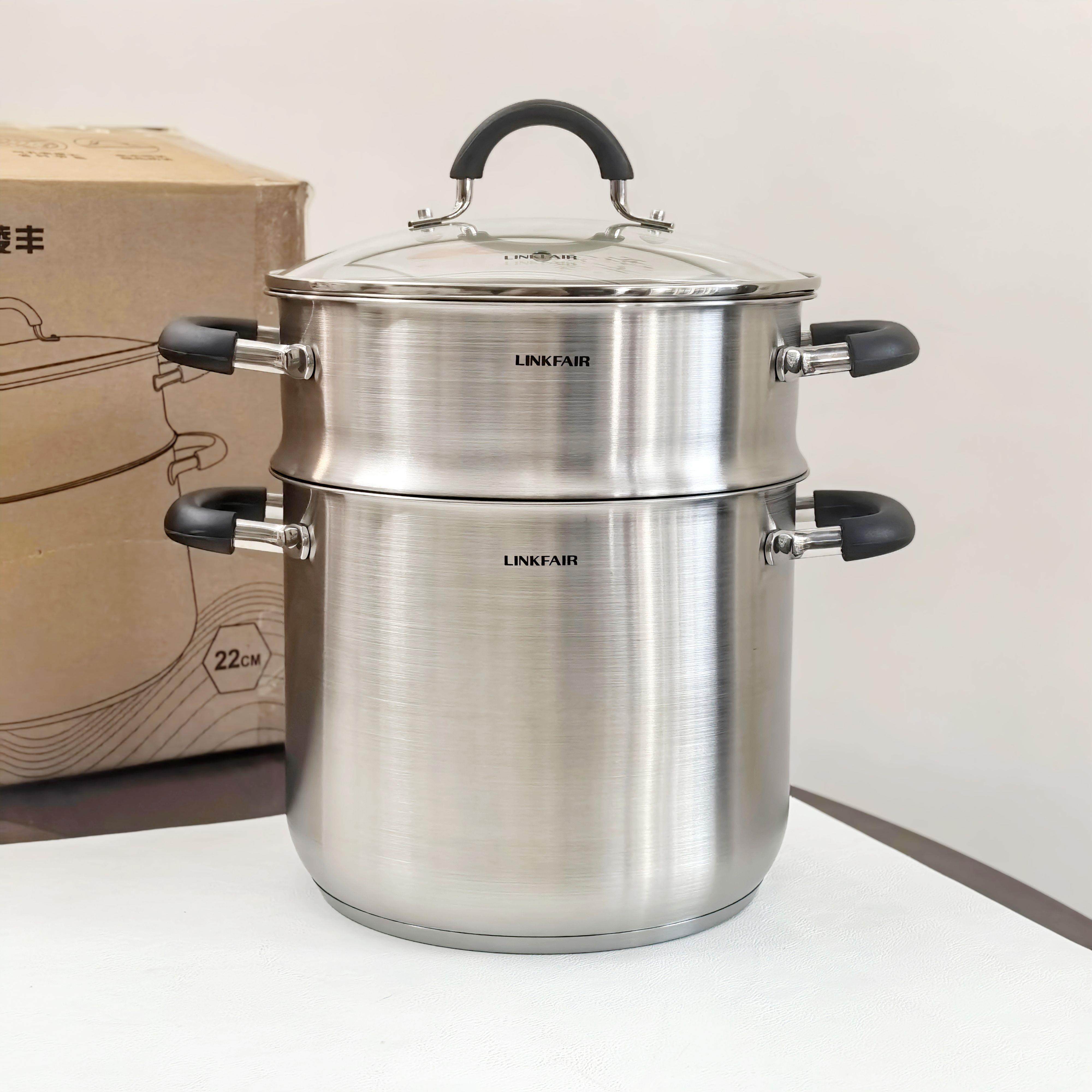 凌丰304不锈钢双层蒸锅家用多层汤锅带蒸笼电磁炉燃气通用22cm