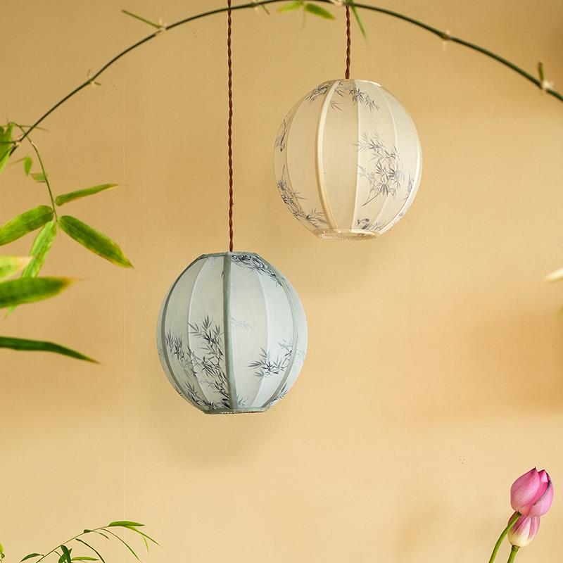 物几竹影新中式复古灯笼布艺儿童房餐厅书房卧室茶室灯具球形吊灯