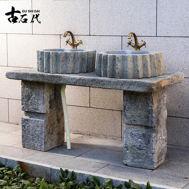 老石槽洗手盆石头洗手池组合圆形户外庭院洗衣槽大理石台上盆复古