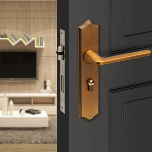 索力安静音房门锁黄古铜磁吸门锁室内外门把手卧室长面板通用锁具