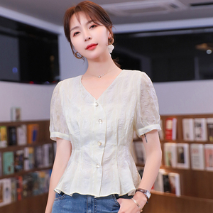 RM19335#夏装新款短袖V领雪纺衬衫女白色网纱衬衣设计感小众上衣
