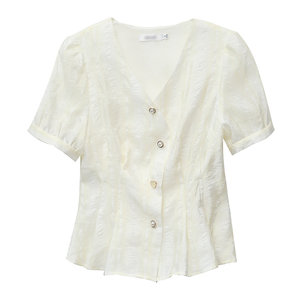 RM19335#夏装新款短袖V领雪纺衬衫女白色网纱衬衣设计感小众上衣