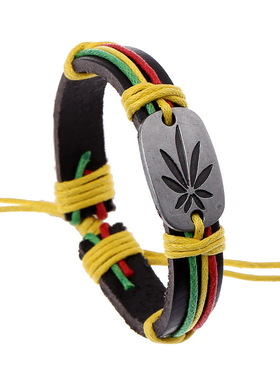 跨境新款牙买加红黄绿大叶子牛皮手链手环嘻哈hiphop街舞皮革饰品