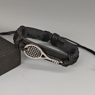欧美可调运动风手环简约手工编织网球球拍皮革手链个性黑色男手绳