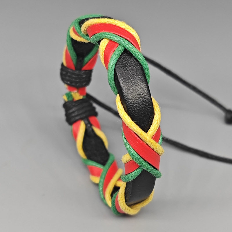 手环波西米亚热销牙买加红黄绿民族编织学生手链撞色条纹拼色可调