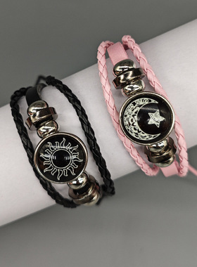 跨境热销2025日月恋人皮革手链复古朋克多层串珠编织手链情侣