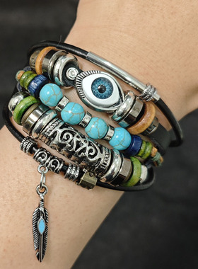 复古民族风皮革编织眼睛手链多层百搭异域风情侣闺蜜个性网红