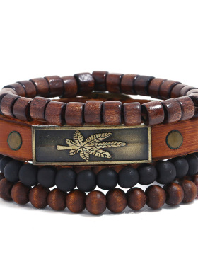 欧美新款跨境货源DIY木珠套装牛皮手链合金枫叶复古风真皮手链