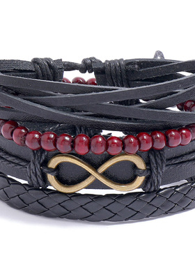 欧美男女同款复古编织皮革手链diy四件组合套装手环简约潮流手饰