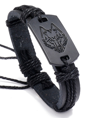 欧美朋克风男士皮革手环 黑色狼头手链 多层编织手环皮绳 送男友