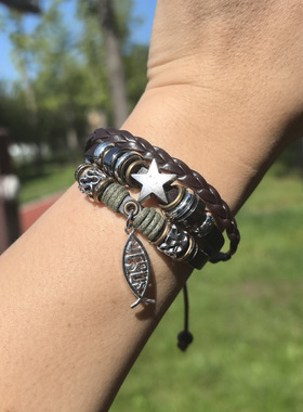 民族风小众个性情侣手环可调节编织手环五角星手链多层藏式欧美