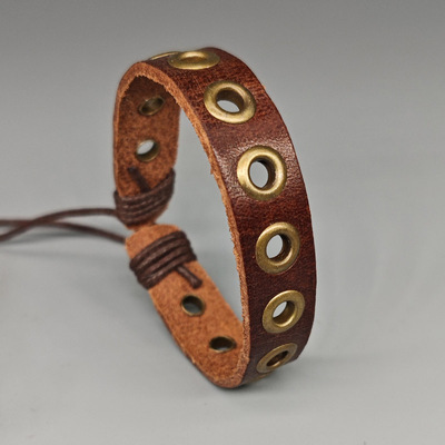 抽绳流行可调做旧复古民族汽眼牛皮手链男士编织真皮手环跨境货源