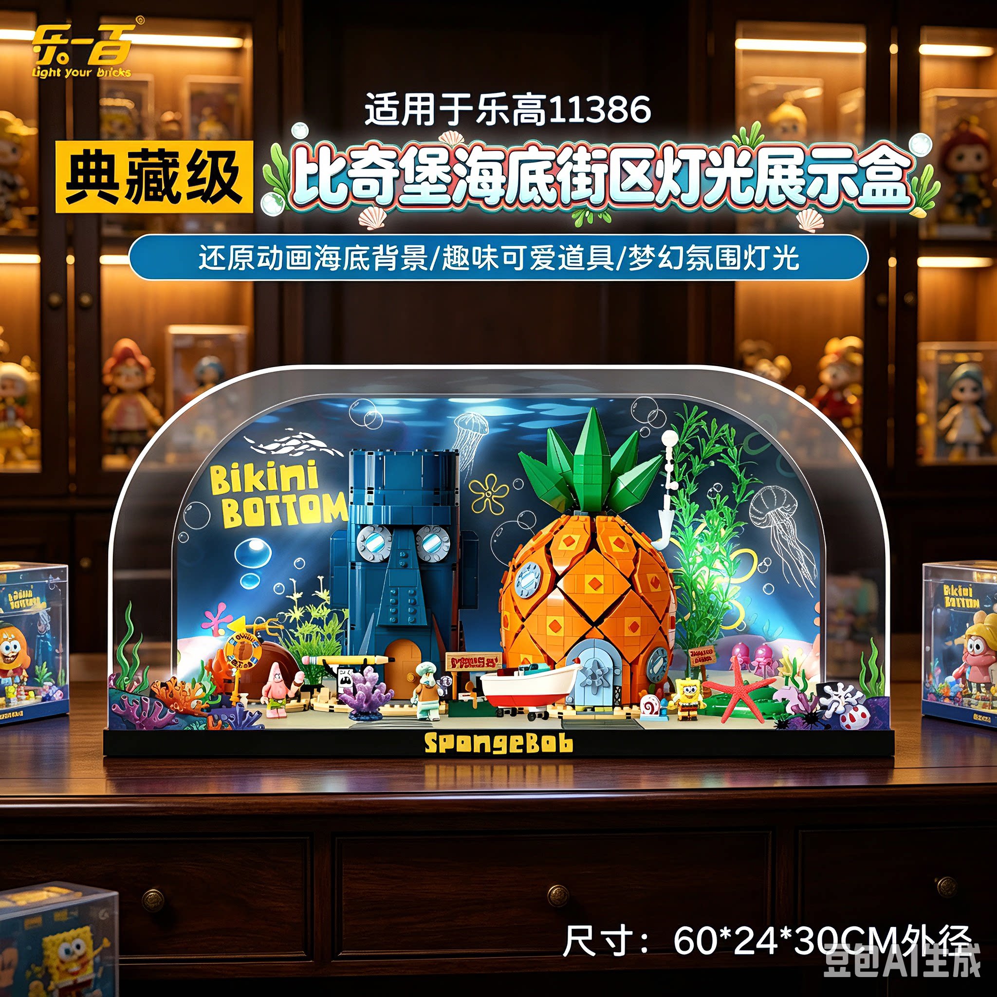 乐一百适用乐高11386海绵宝宝:比奇堡积木防尘展示盒灯光收纳盒图片