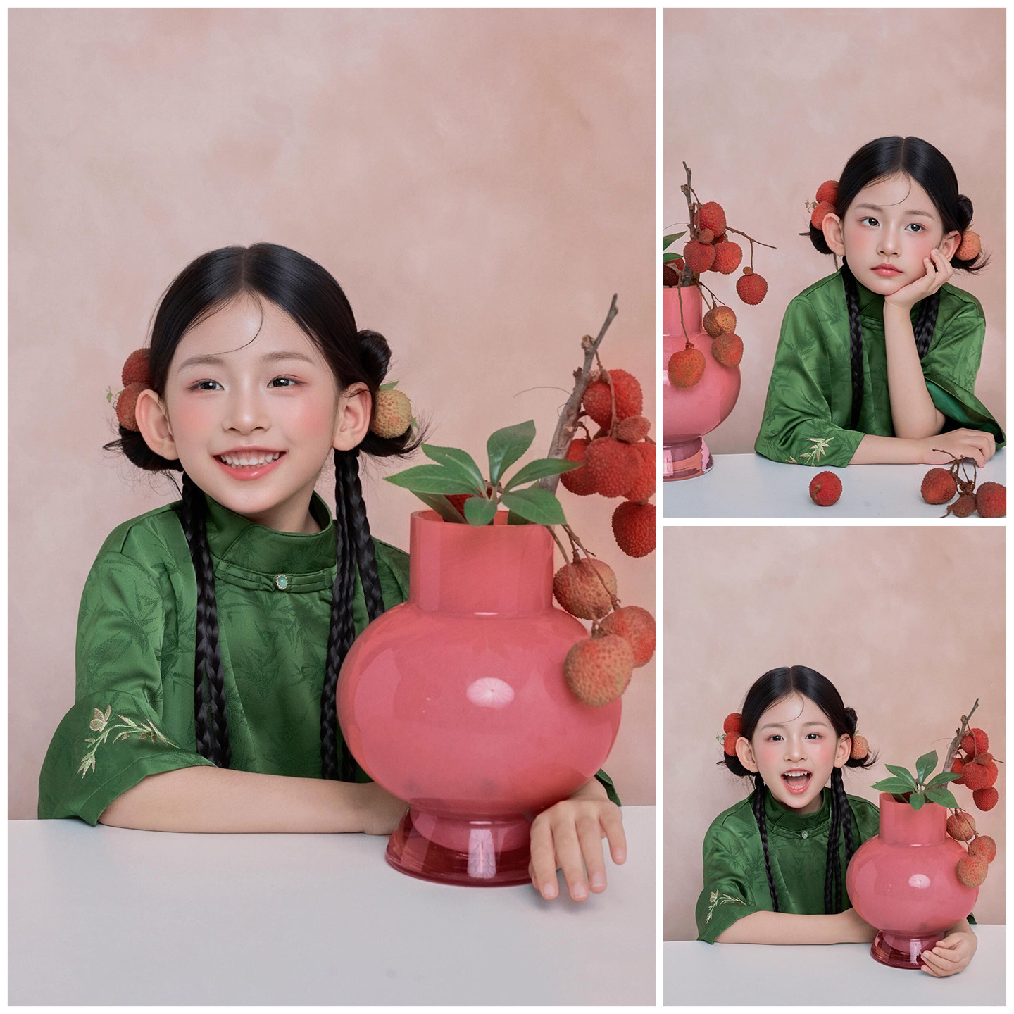 儿童摄影服装新中式长安的荔枝绿色旗袍荔枝主题拍照衣服道具写真图片