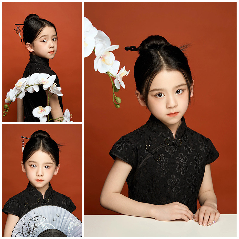 儿童摄影服装古风女童黑色旗袍新中式证件照拍照衣服写真艺术照