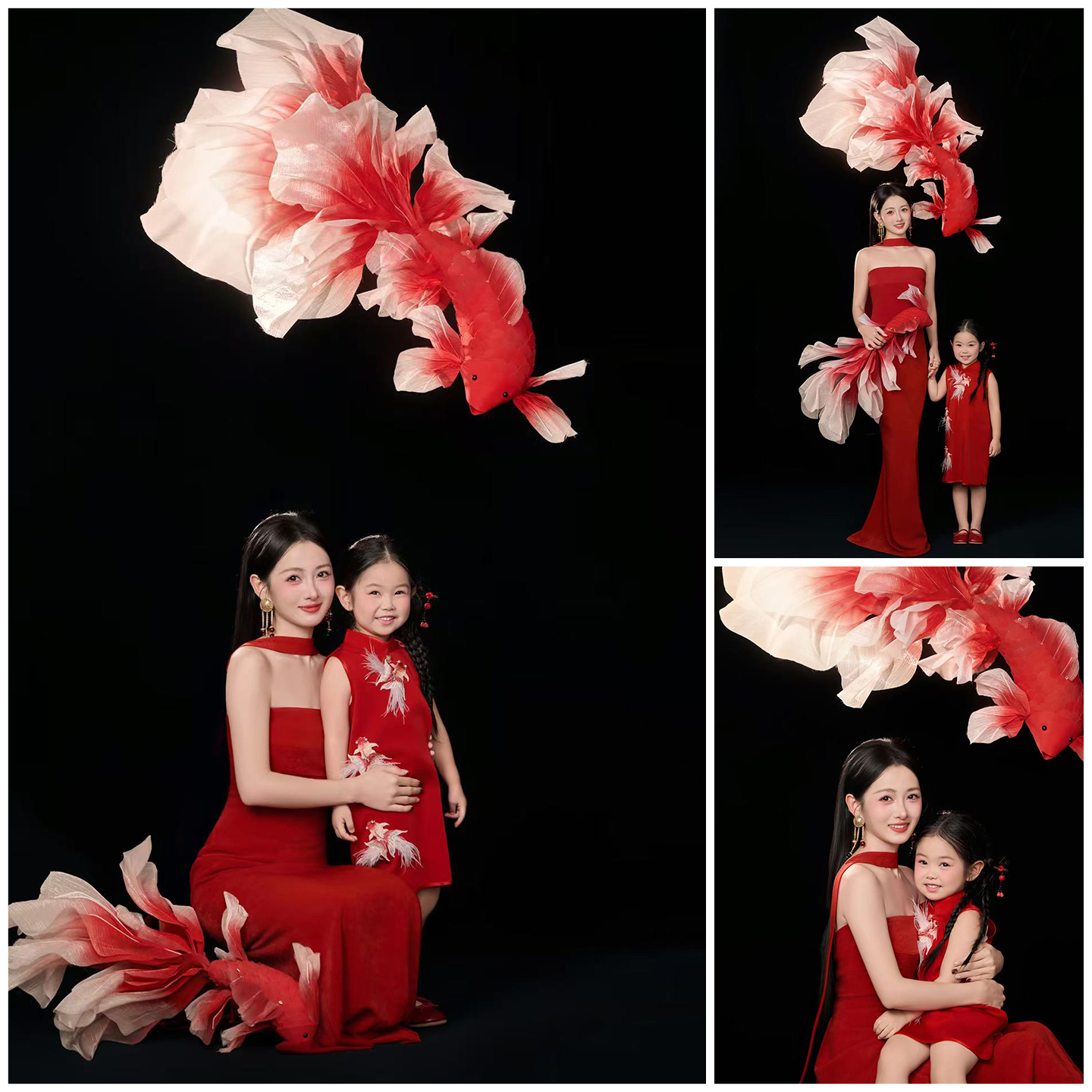 氛围感中国红礼服新年红色锦鲤亲子装母女装中式艺术照影楼写真照
