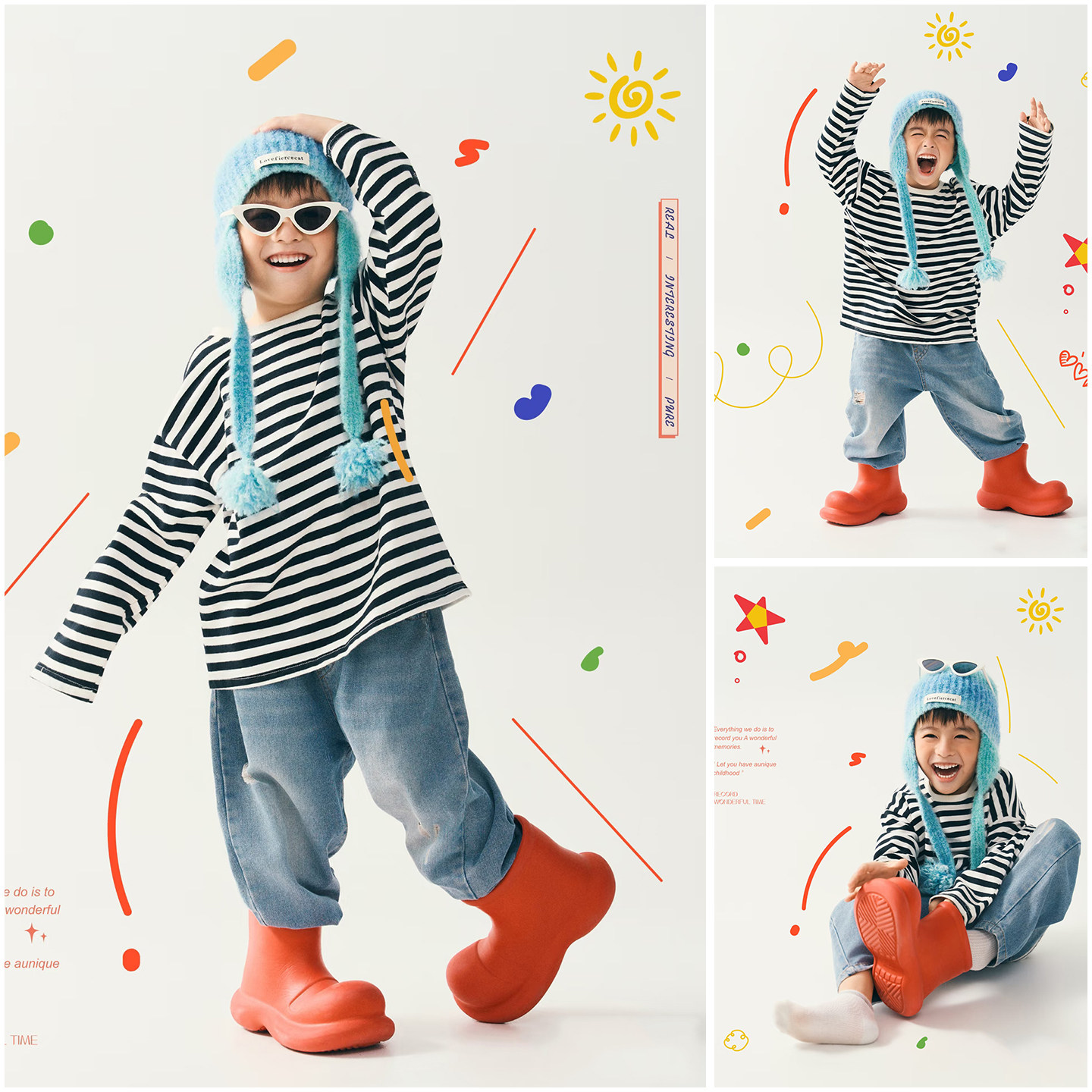 儿童摄影服装道具中小童条纹长袖牛仔毛线帽子主题影楼艺术写真照